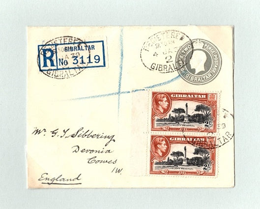 Gibraltar 1939 King George V 2d grey on cream P/S envelope SG128