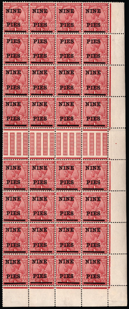 India 1921 'NINE PIES' on 1a rose-carmine SG192b