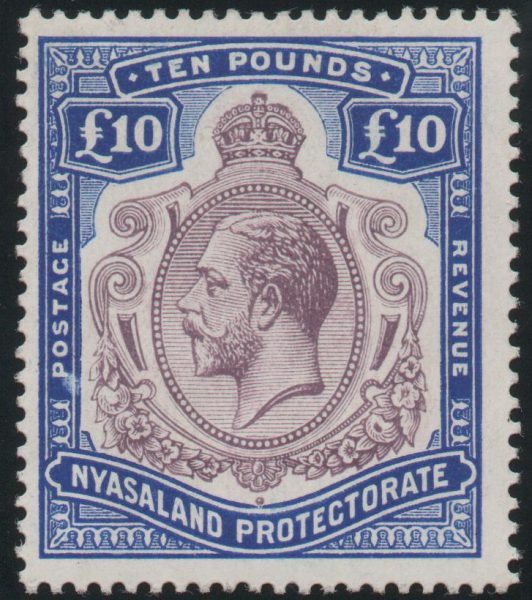 Nyasaland 1913-19 £10 Purple and Royal Blue, Mint SG99e