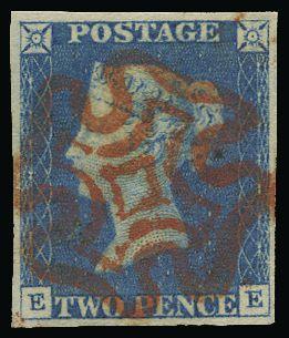 Great Britain 1840 2d Blue Plate 1. Very fine used four margin example lettered EE SG5