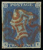 Great Britain 1840 2d Blue Plate 1. Very fine used four margin example lettered EE SG5