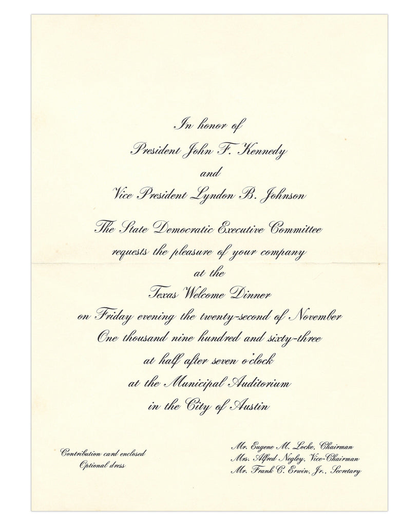 John F. Kennedy 1963 Texas Welcome Dinner invitation