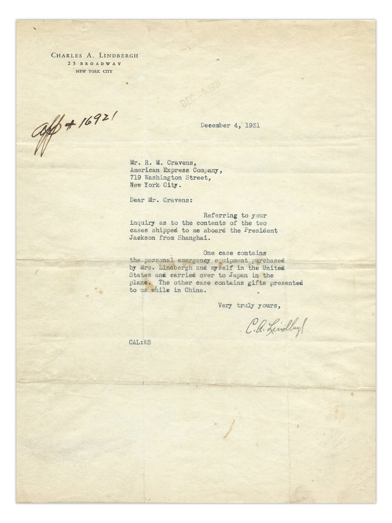 Charles Lindbergh 1931 typed and signed letter