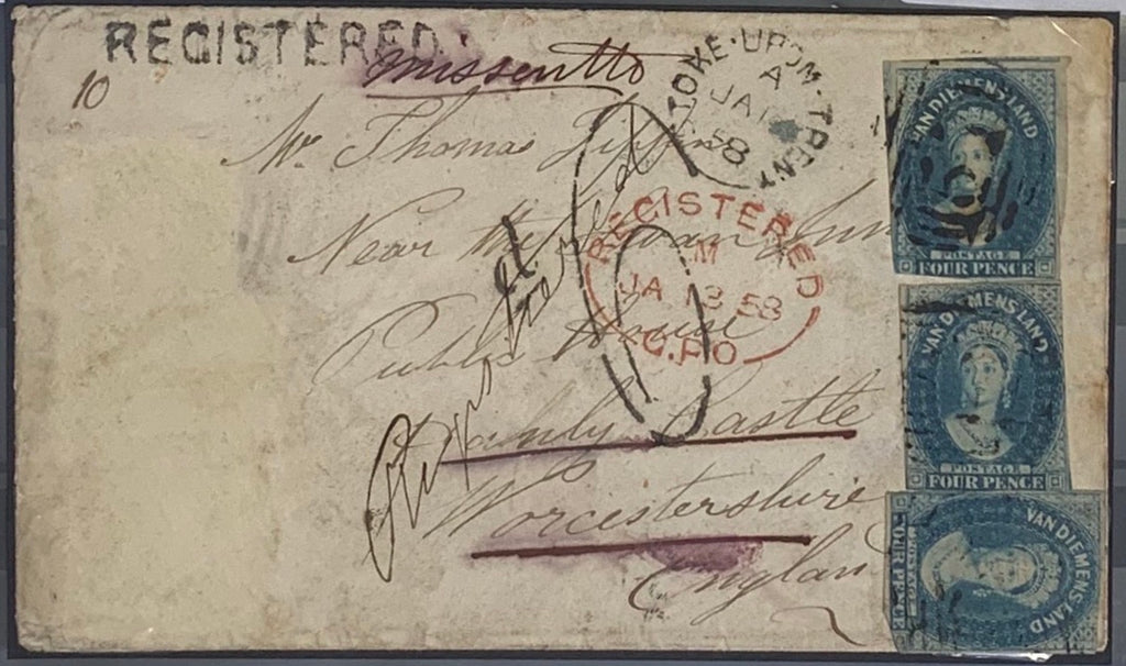 1875 (c. October) cover to a pub! Worcestershire with imperf 4d blue x3 (margins in place) & BN'57' cancels of Macquarie River