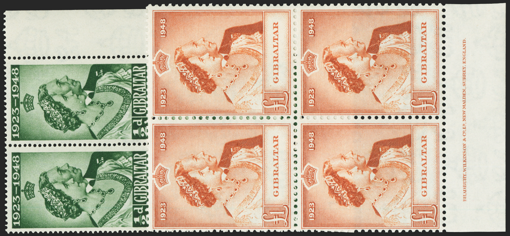 GIBRALTAR 1948 Royal Silver Wedding ½d and £1, SG134/5