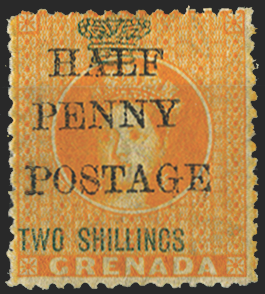 GRENADA 1888-91 ½d on 2s orange variety, SG43c