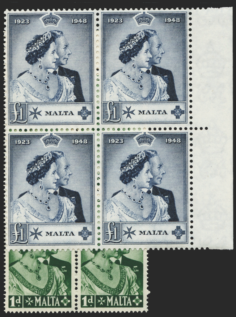 MALTA 1949 Royal Silver Wedding 1d green & £1 indigo, SG249/50