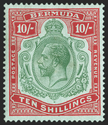 BERMUDA 1918-22 10s green and red/pale bluish green variety, SG54cb