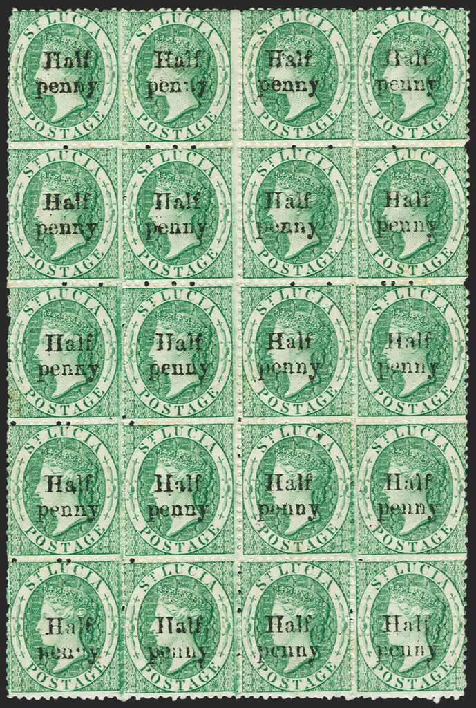 ST LUCIA 1876 ½d on (6d) emerald-green (UNUSED), SG9