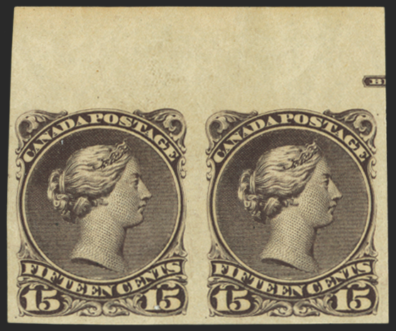 CANADA 1868-90 Large Queen 15c brown-purple pair (UNUSED), SG71a