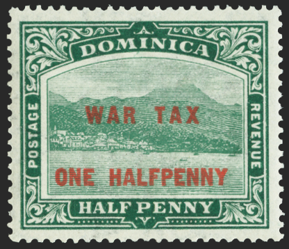 DOMINICA 1916 'War Tax' ½d on ½d deep green variety, SG55x