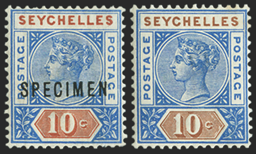 SEYCHELLES 1890-92 10c ultramarine and chestnut SPECIMEN, SG4var