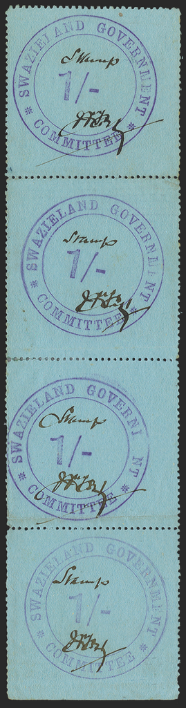 SWAZILAND 1890 1s Swaziland Government/Committee violet handstamp on blue paper