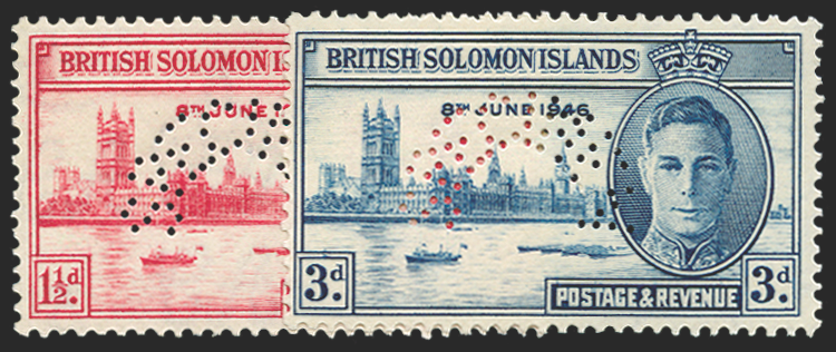 SOLOMON ISLANDS 1946 Victory 1½d and 3d (SPECIMEN), SG73s/4s