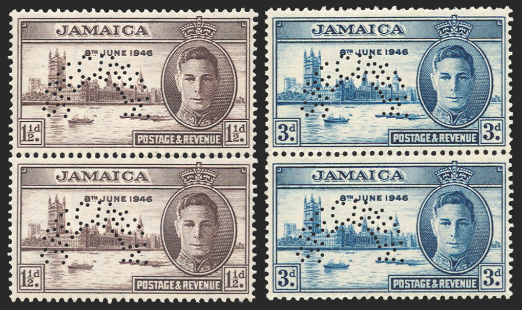 JAMAICA 1946 1½d and 3d Victory SPECIMEN, SG141s/2s