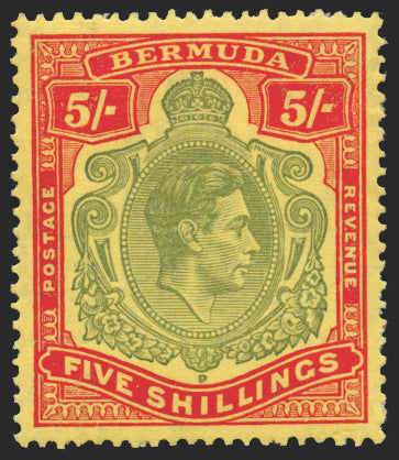 BERMUDA 1938 5s bronze-green and carmine-red/pale yellow, SG118c