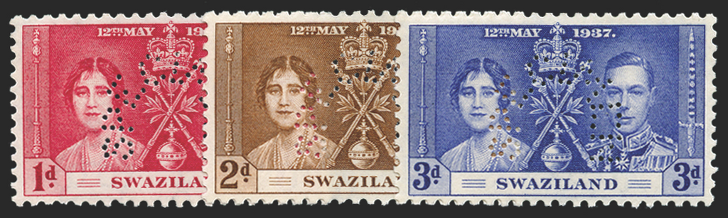 SWAZILAND 1937 Coronation set of 3 Specimens, SG25s/7s
