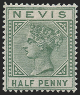 NEVIS 1882-90 ½d dull green, variety, SG25a
