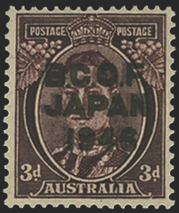 Australia BCOF 1946-47 3d purple-brown error opt double, SGJ3a