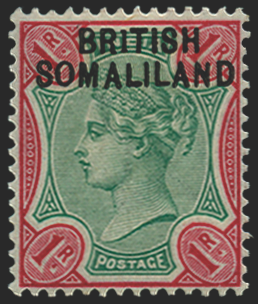 Somaliland Protectorate 1903 1r green and aniline carmine variety, SG10a