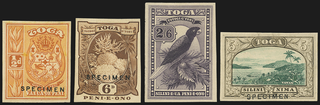 Tonga 1922(c.) De La Rue imperforate printer's samples, SG38, 47, 52/3
