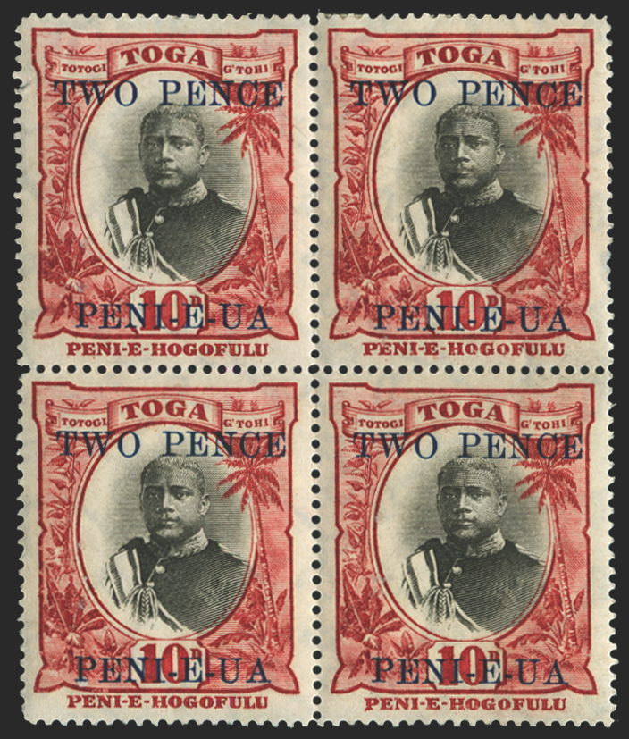 Tonga 1923-4 2d on 10d black and lake varieties, SG66/b/c
