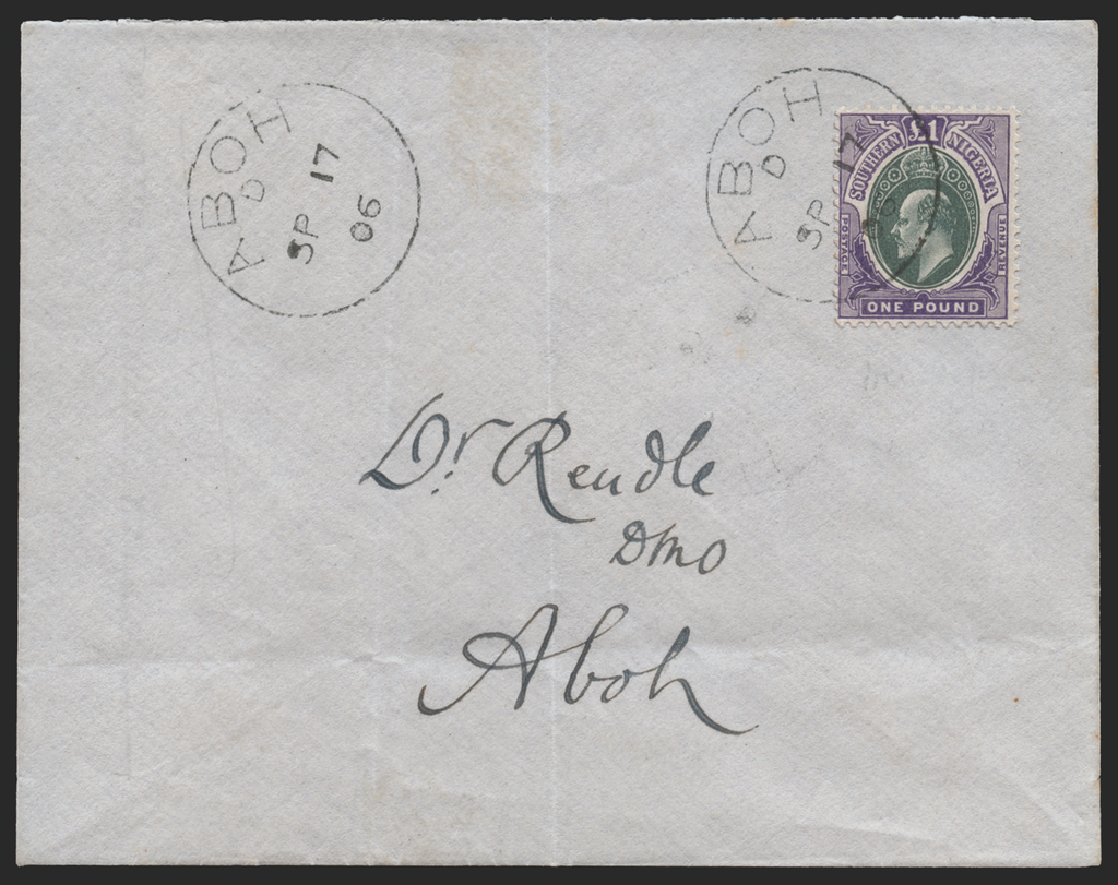 Southern Nigeria 1906 cover franked 1904-09 £1 green, SG32