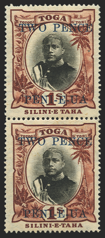 Tonga 1923-24 2d on 1s black and red-brown variety, SG67a