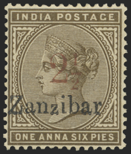 Zanzibar 1896 2½ on 1a6p sepia variety, SG29D