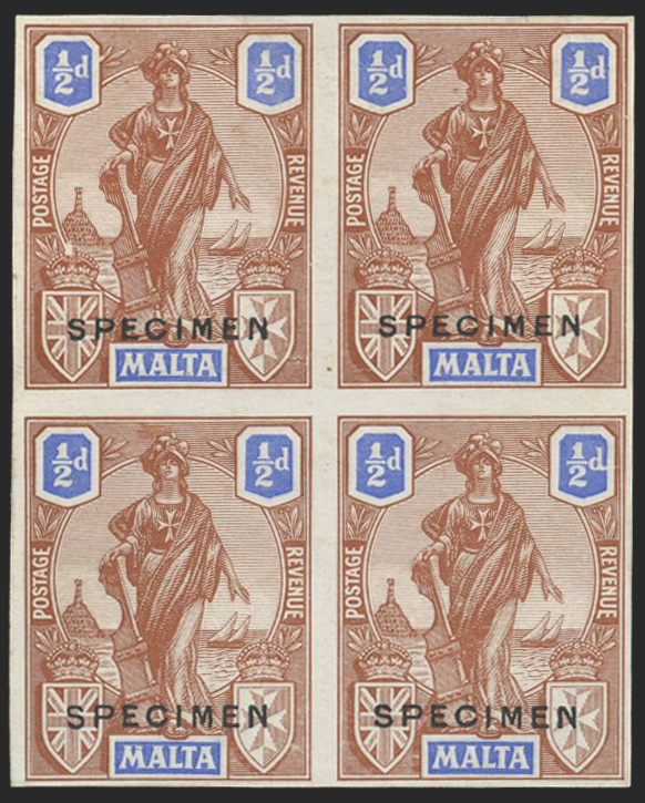 Malta 1922 ½d blue and brown printer's sample block of 4, SG124