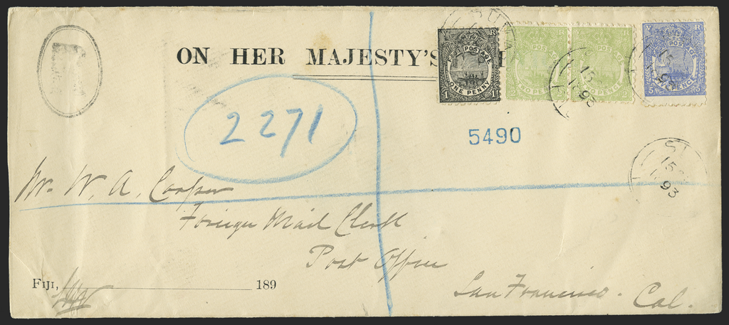 Fiji 1893 registered Walker cover to USA, SG83,85,93