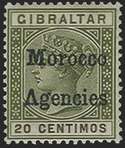 MOROCCO AGENCIES 1898 20c olive-green and brown variety, SG3a