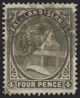 FALKLAND ISLANDS 1885-91 4d pale grey-black CANCEL, SG9y