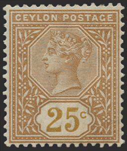 CEYLON 1886 25c yellow-brown, SG198a