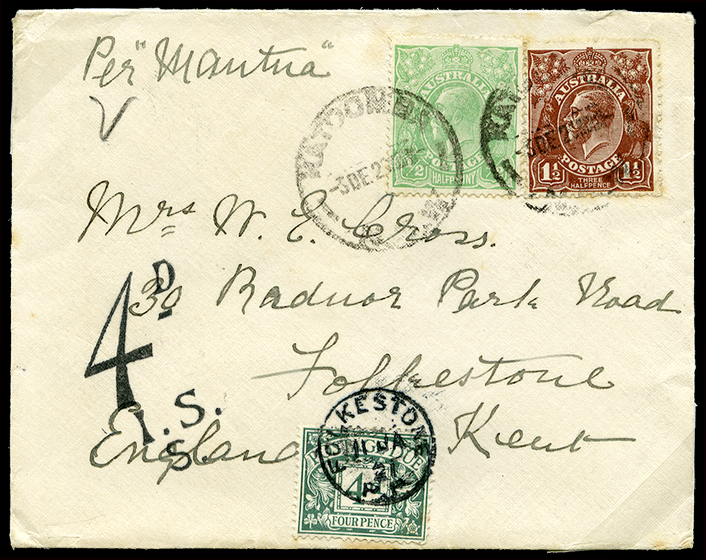 Great Britain 1920 Postage due cover from Australia, SGD6