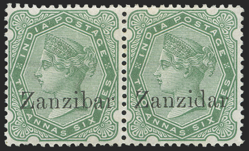 ZANZIBAR 1895-96 2a6p Zanzidar R4/6 in pair, SG8j