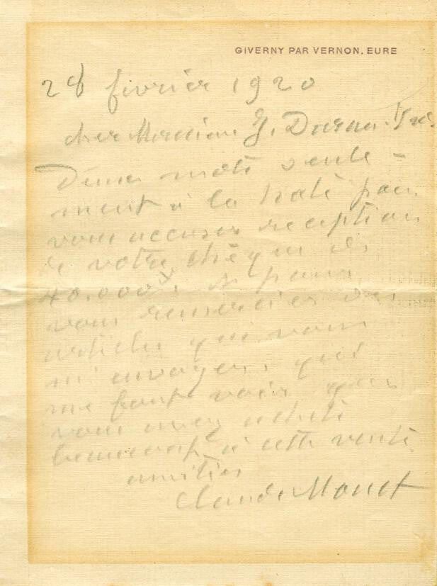 Claude Monet Autographed Letter