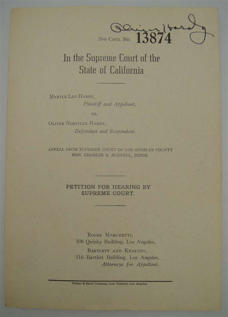 Oliver Hardy Autographed Divorce Document
