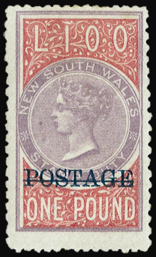 New South Wales 1885-86 £1 rose-lilac and claret, 'POSTAGE' opt in blue