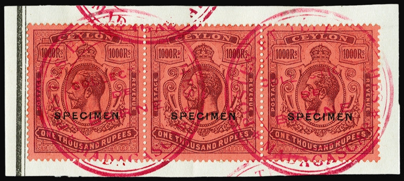 Ceylon 1912-35 1000r purple/red, opt 'SPECIMEN' (type D16)