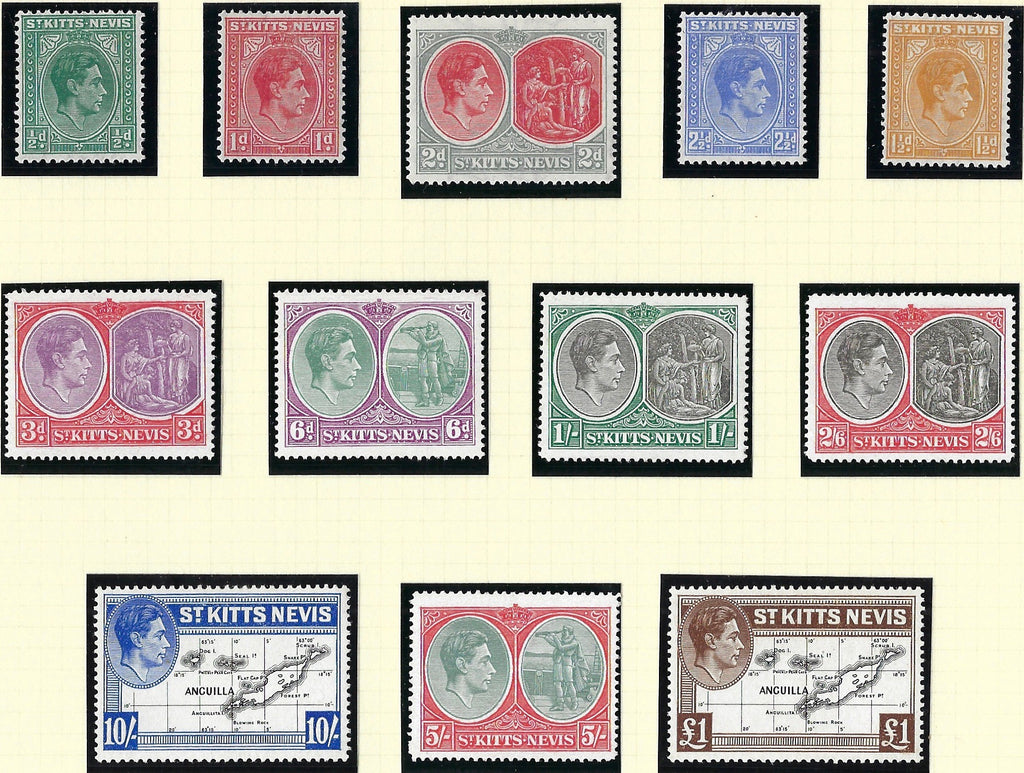 St. Kitts-Nevis 1938-50 1/2d to £1 black and brown, SG68a/77f