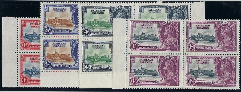 Falkland Islands 1935 Jubilee set of 4 to 1s in marginal blocks of 4 SG139/42