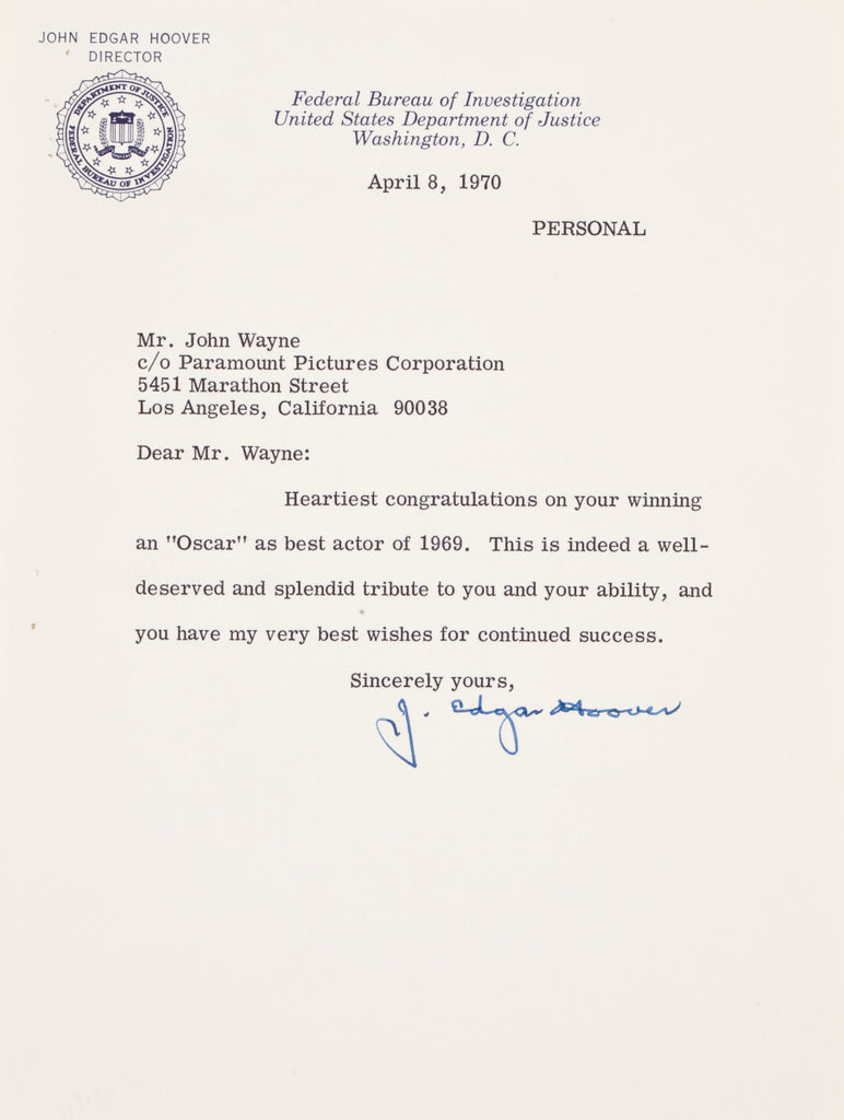 J. Edgar Hoover signed letter to John Wayne